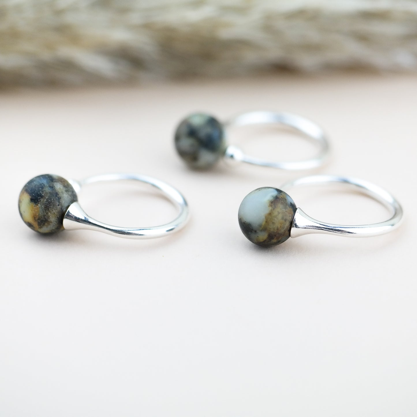 Green amber adjustable silver ring