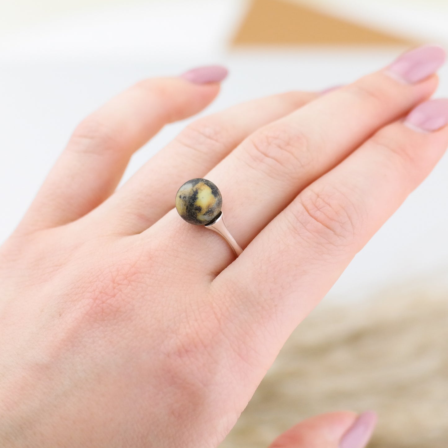 Green amber adjustable silver ring