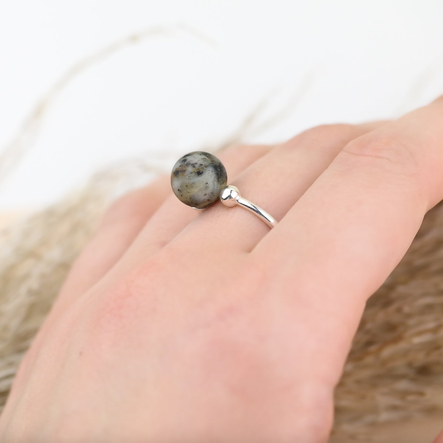 Green amber adjustable silver ring