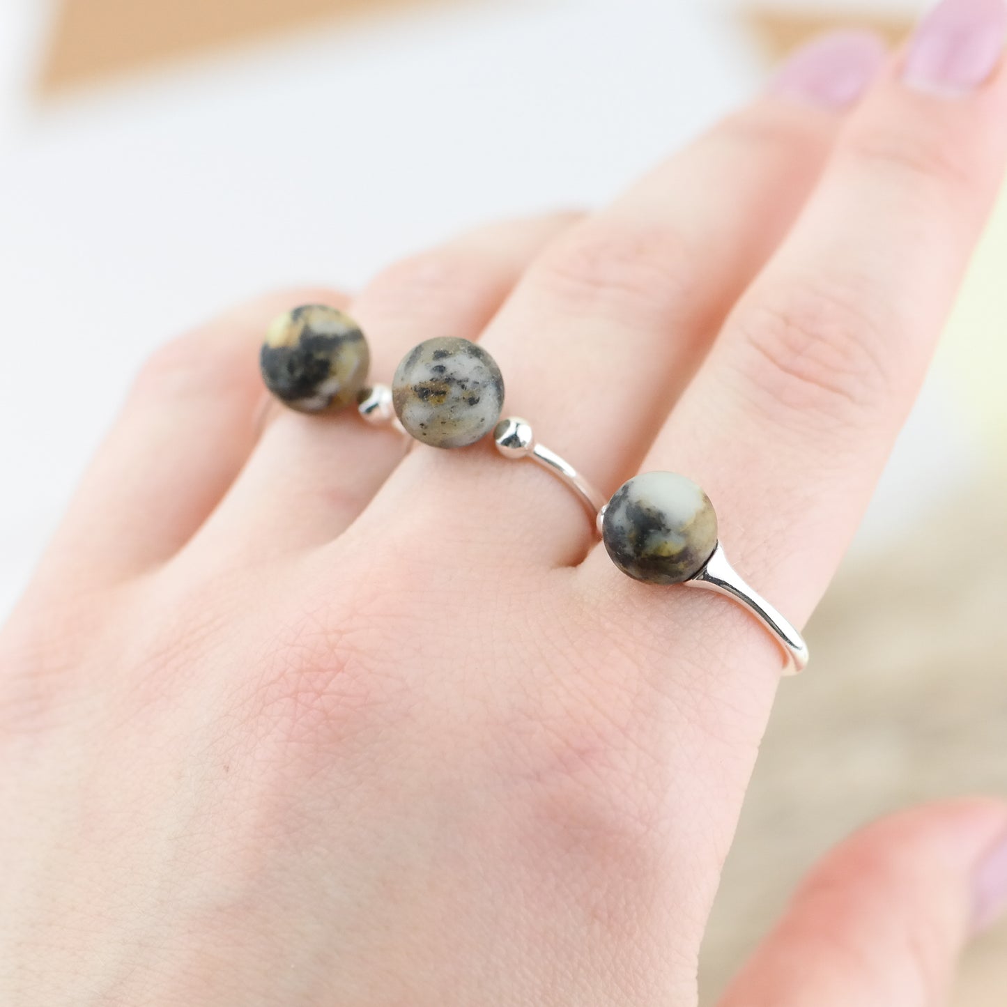 Green amber adjustable silver ring