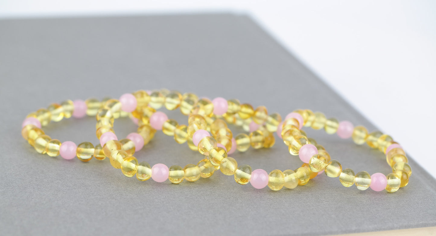 Kids amber bracelets with rose quartz beads