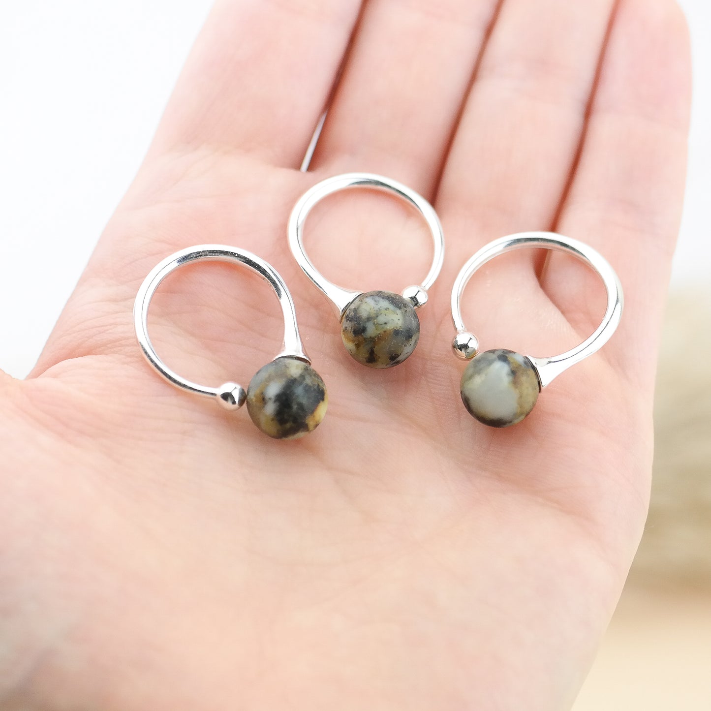 Green amber adjustable silver ring
