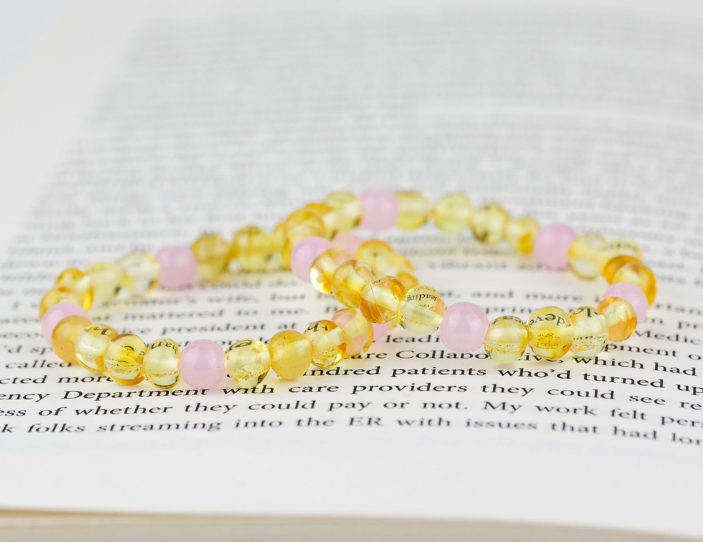 Kids amber bracelets with rose quartz beads