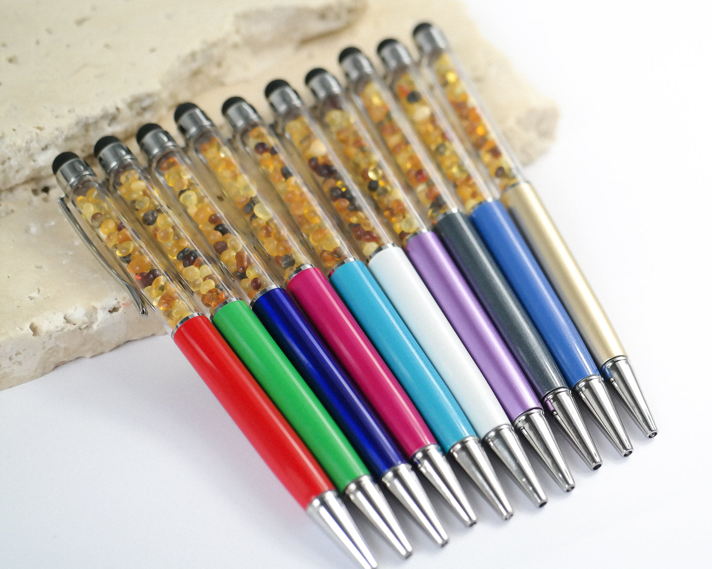 Colourful pen with natural Baltic amber