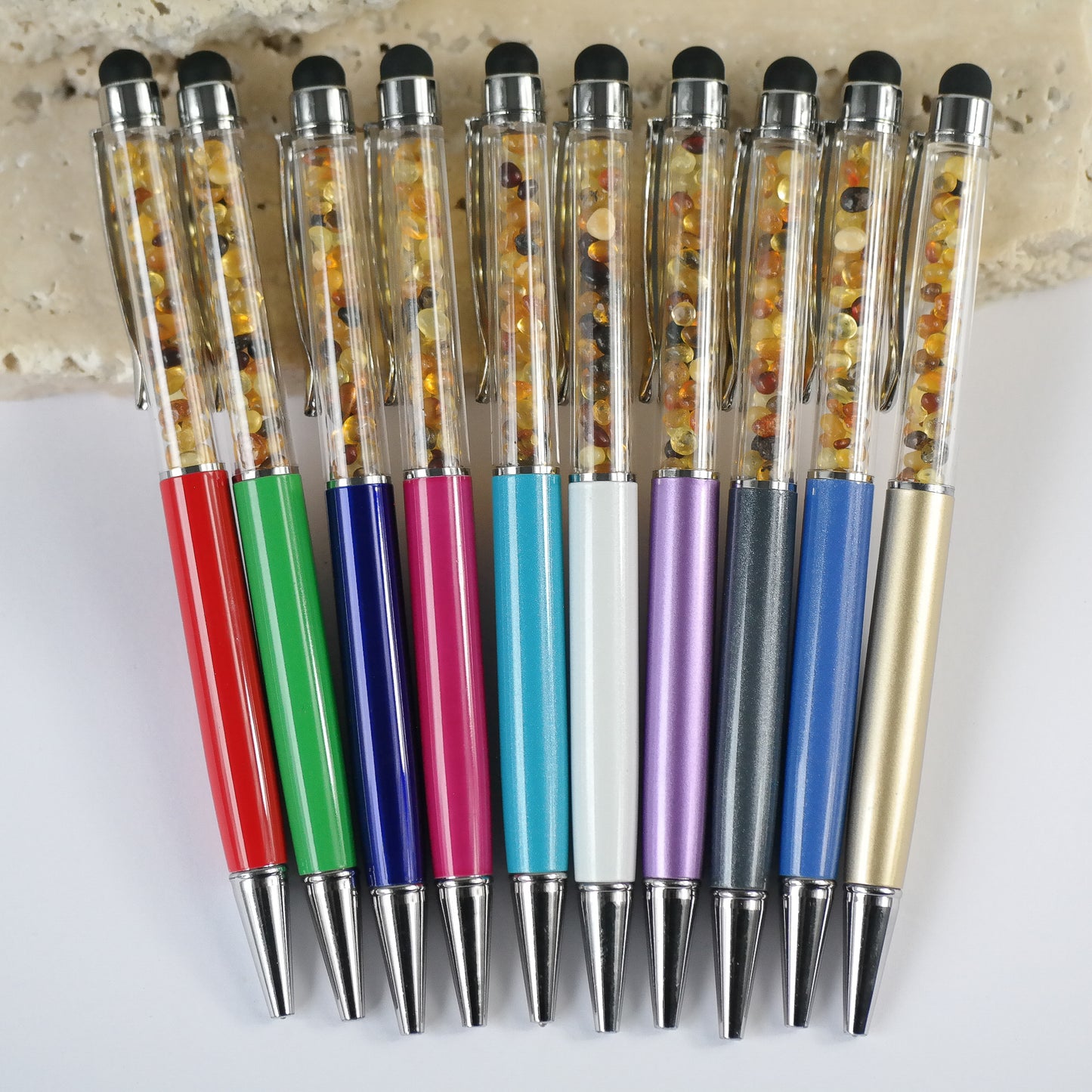Colourful pen with natural Baltic amber