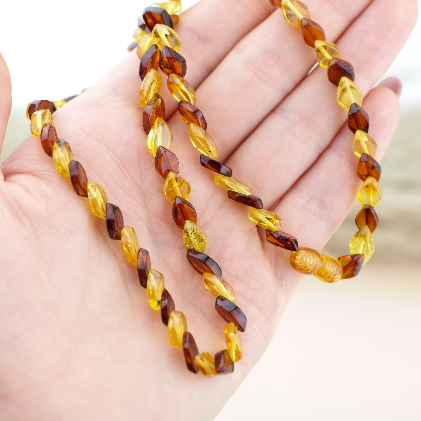 Beautiful tear drop shaped amber bead necklace