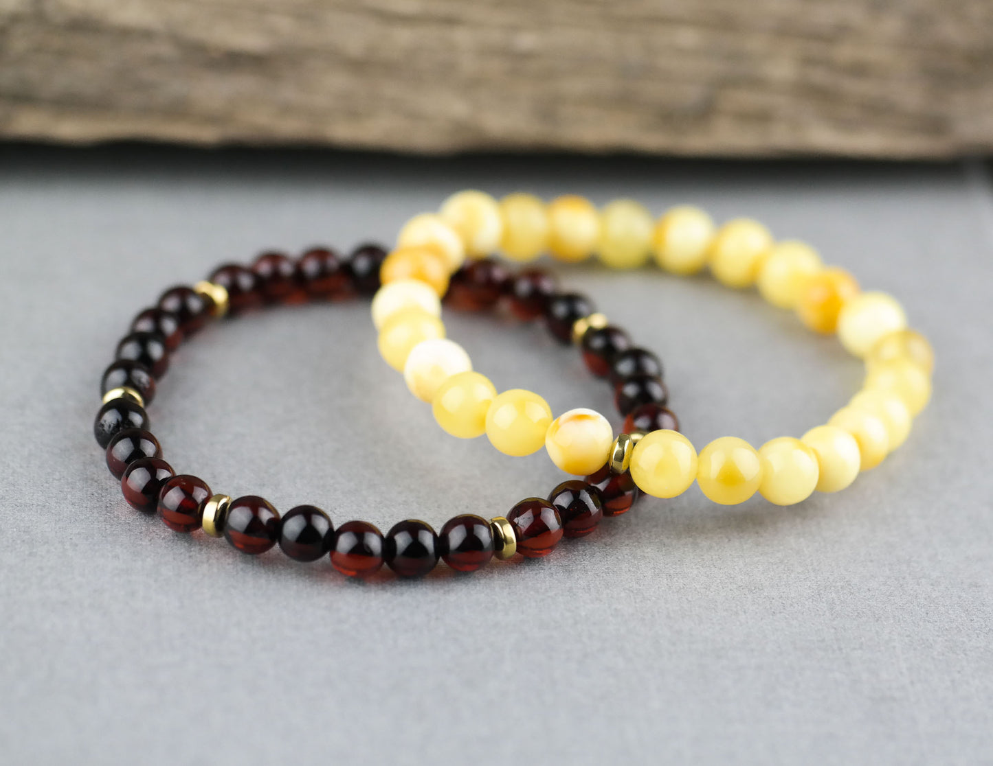 Handmade bracelets from round amber beads