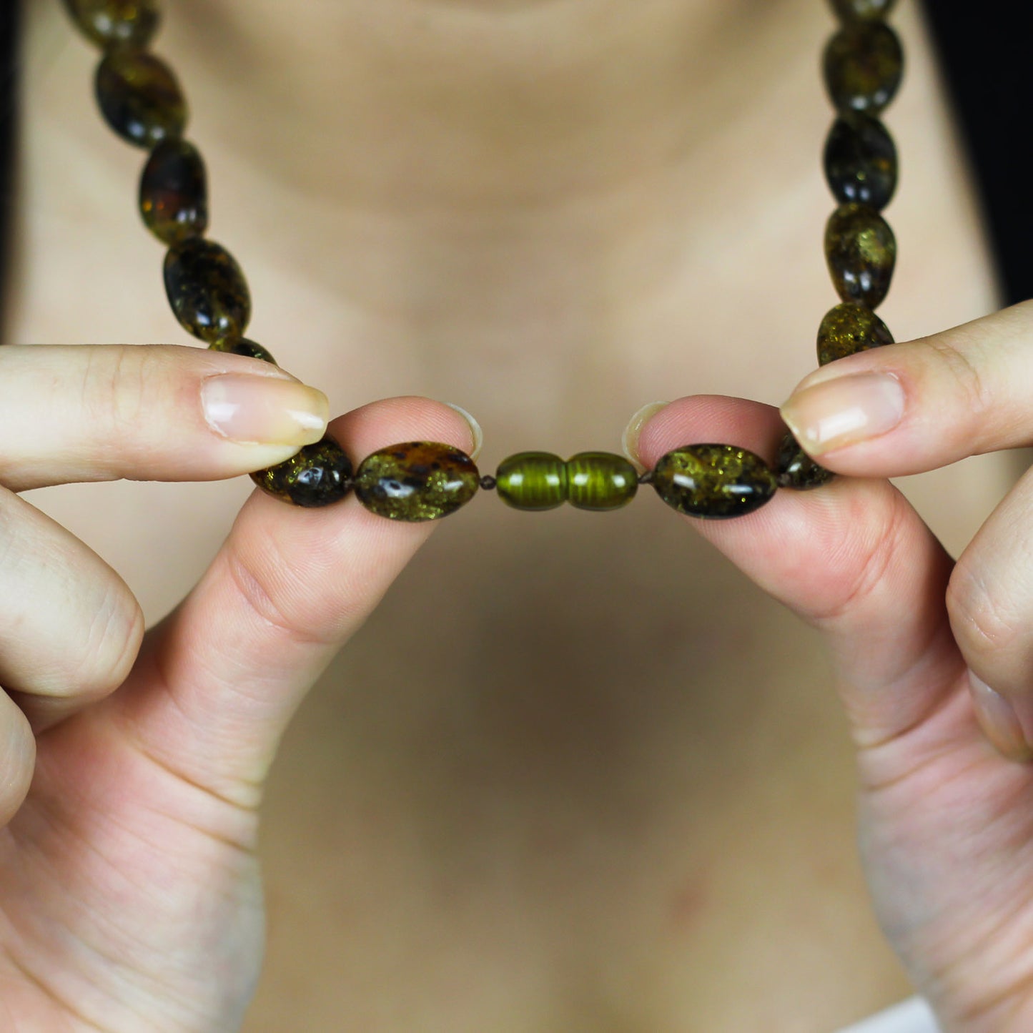 Green amber bean necklace for women
