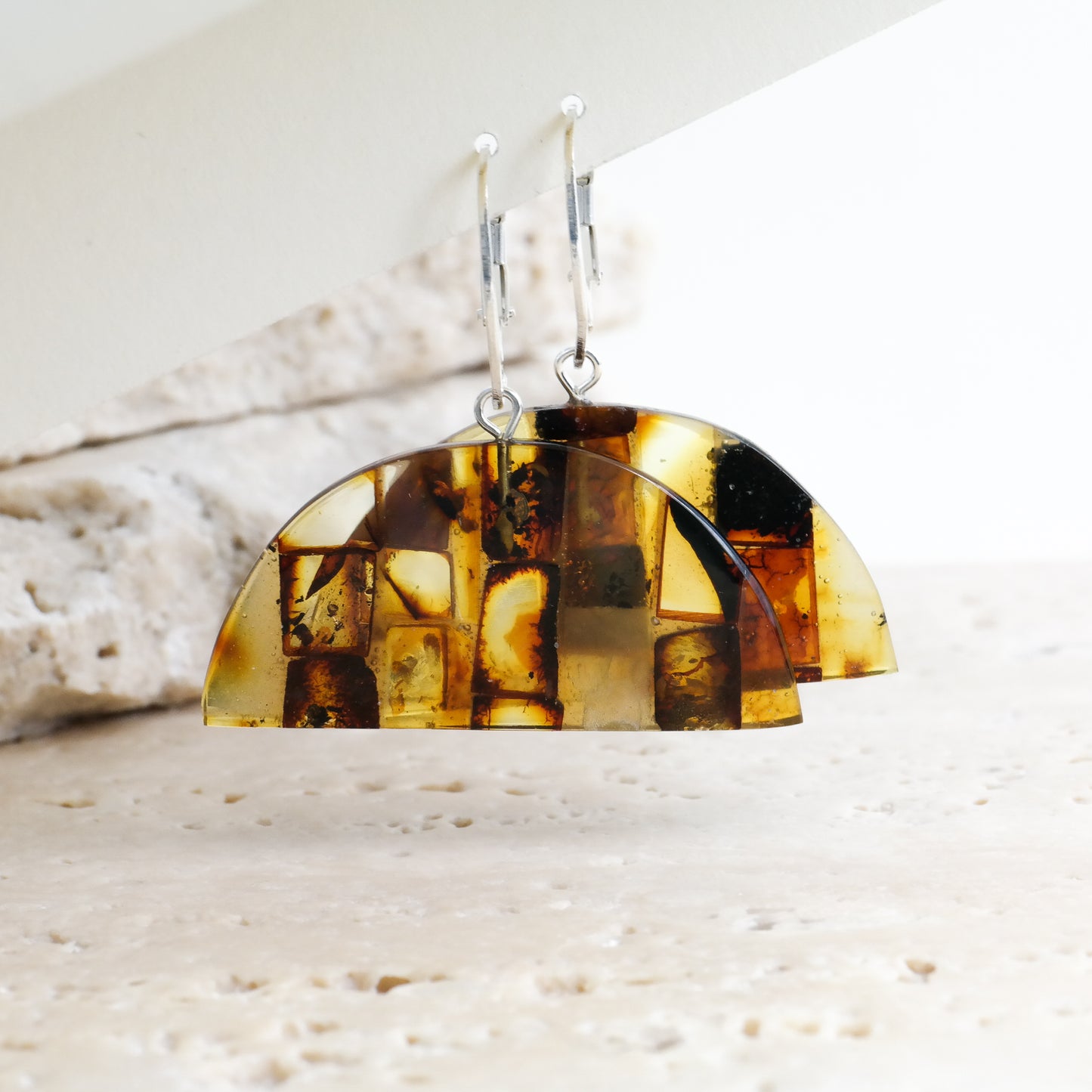 Dangle women earrings from natural Baltic amber mosaic