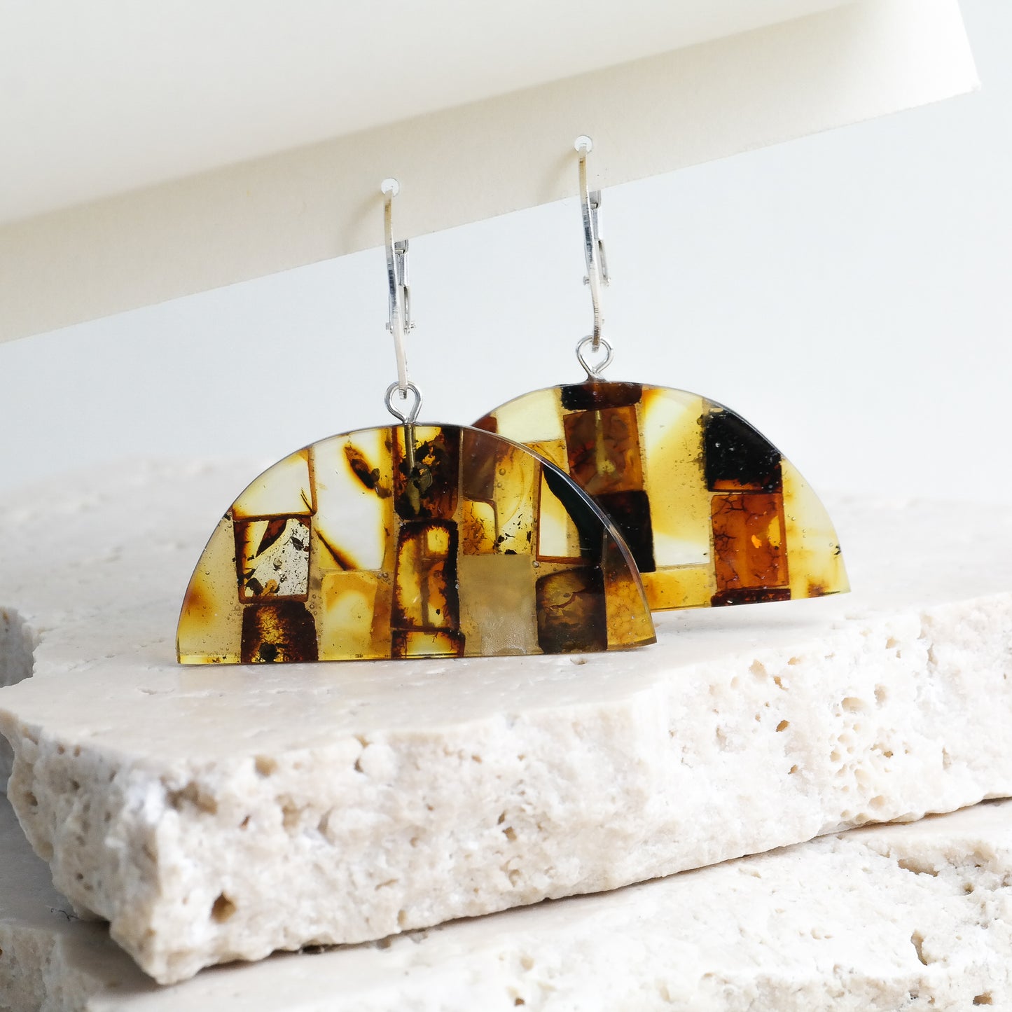 Dangle women earrings from natural Baltic amber mosaic