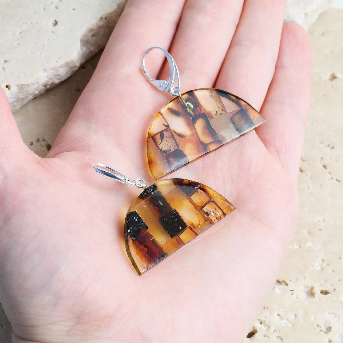 Dangle women earrings from natural Baltic amber mosaic