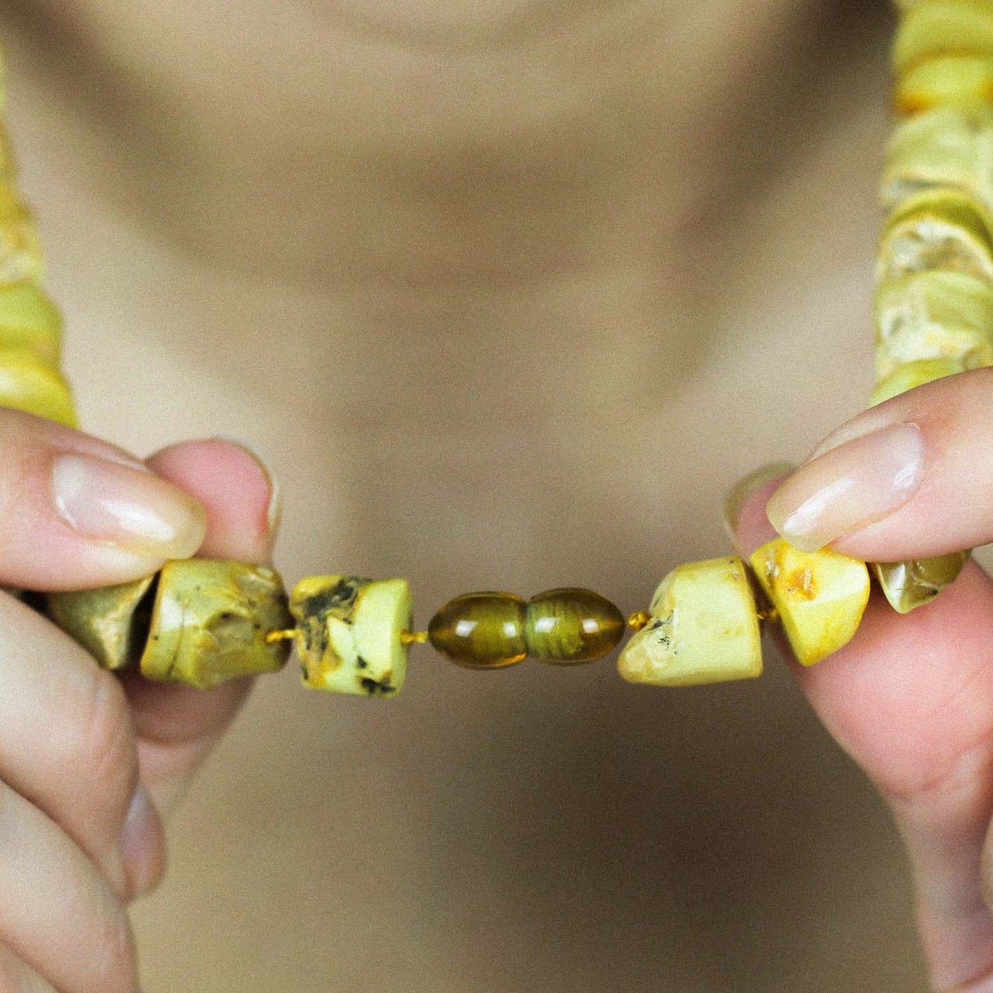 Natural amber necklace from large tube shape beads