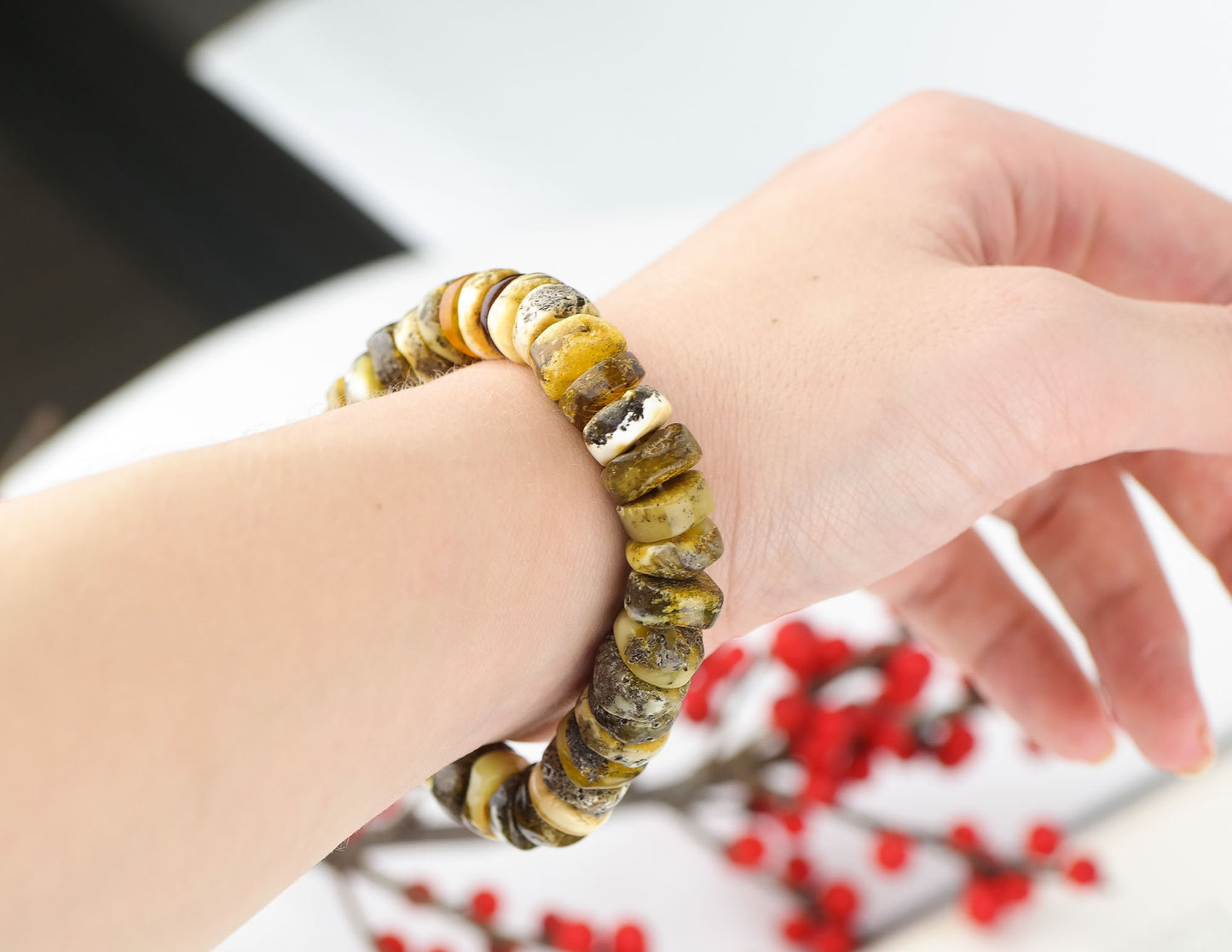 Beaded bracelet from tube shaped amber beads