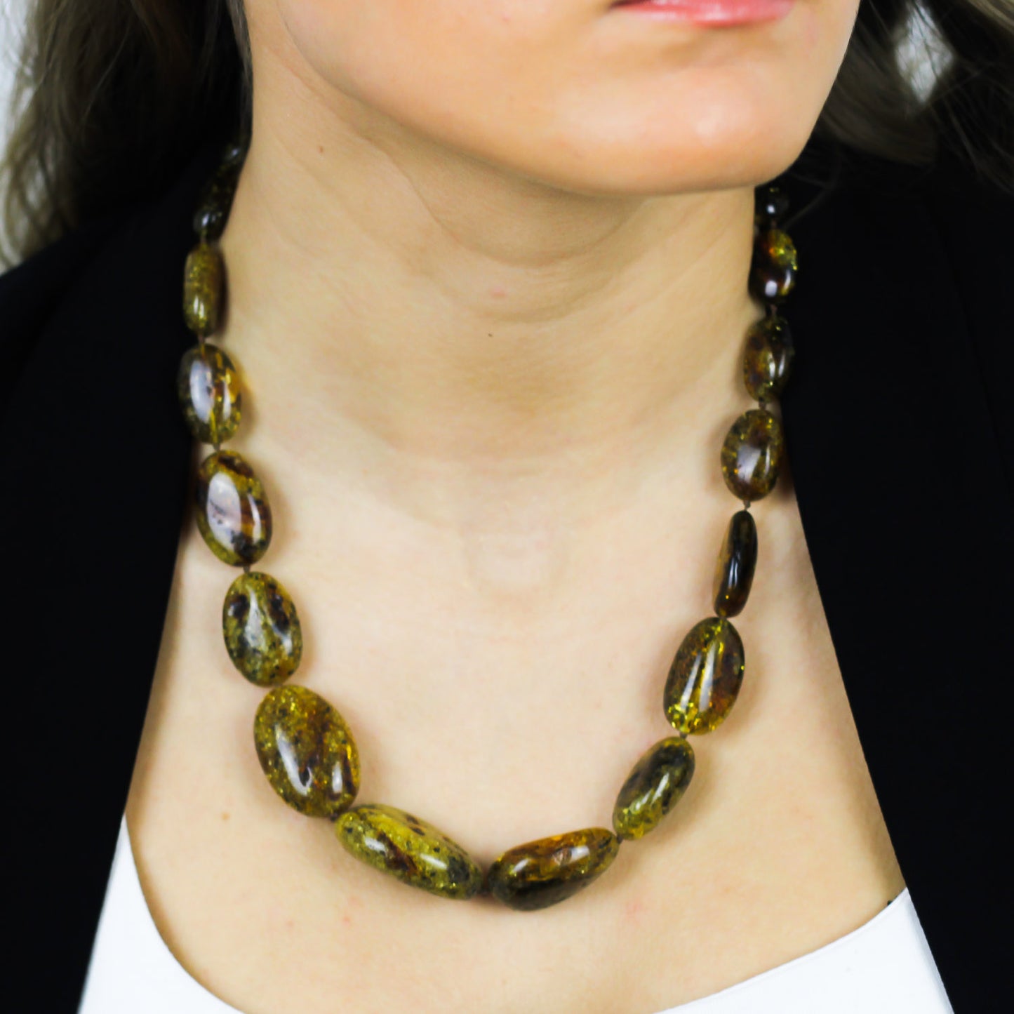 Green amber bean necklace for women