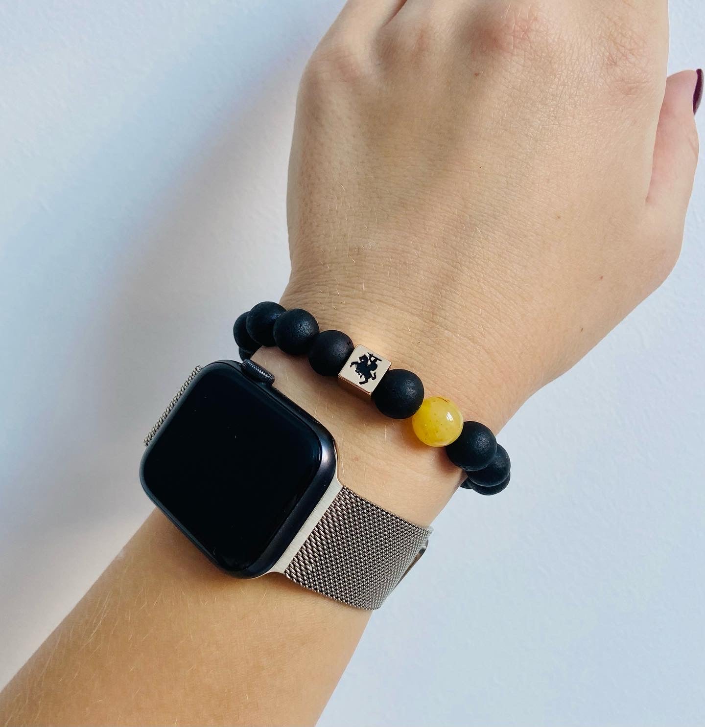 Amber bracelet with handmade brass bead of Vytis