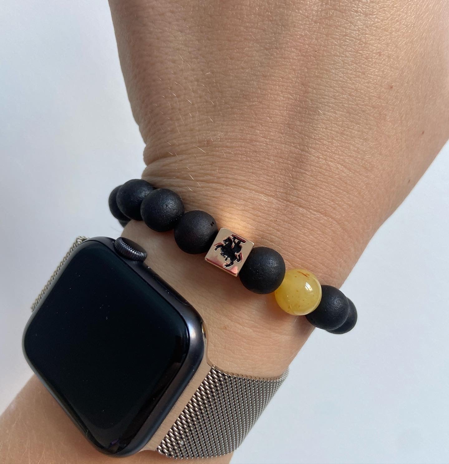 Amber bracelet with handmade brass bead of Vytis