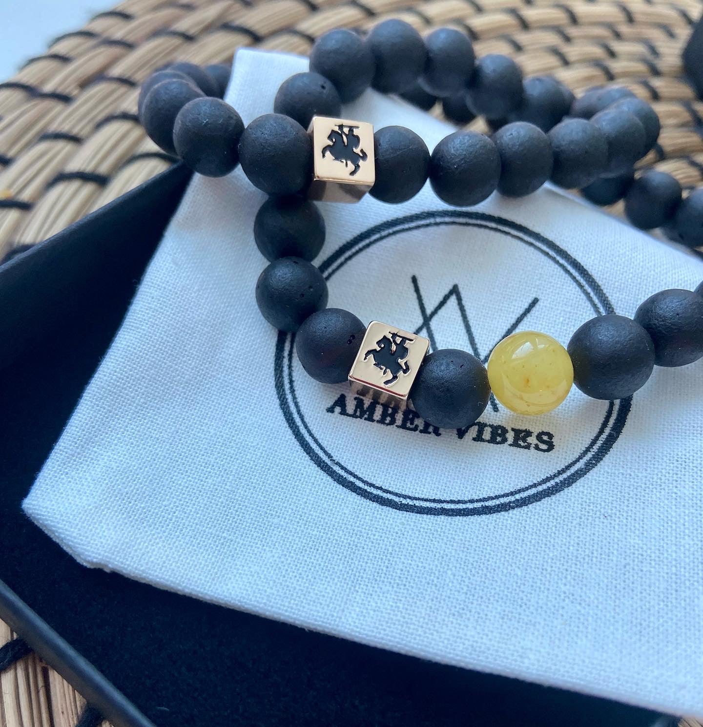 Amber bracelet with handmade brass bead of Vytis