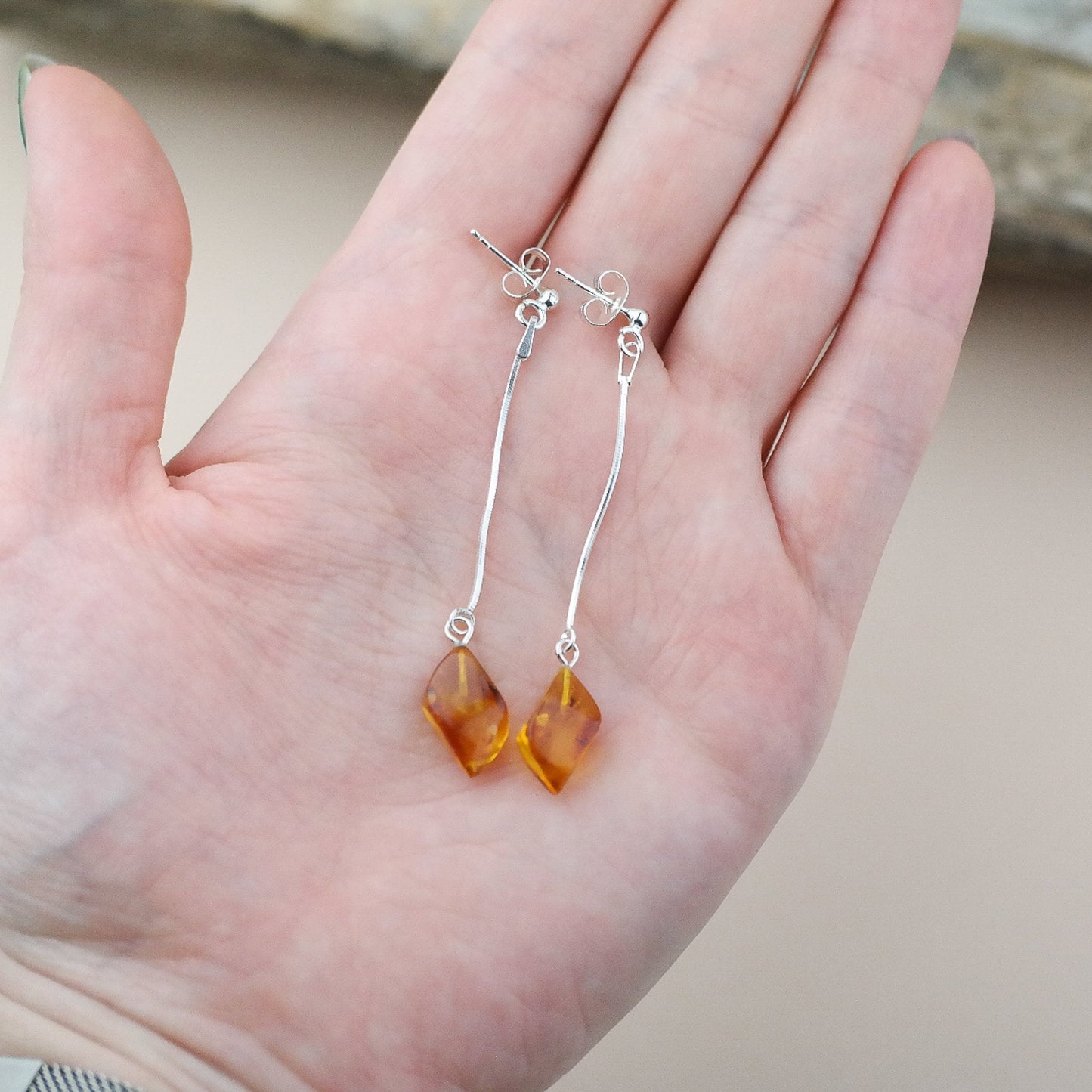 Dangle silver amber earrings