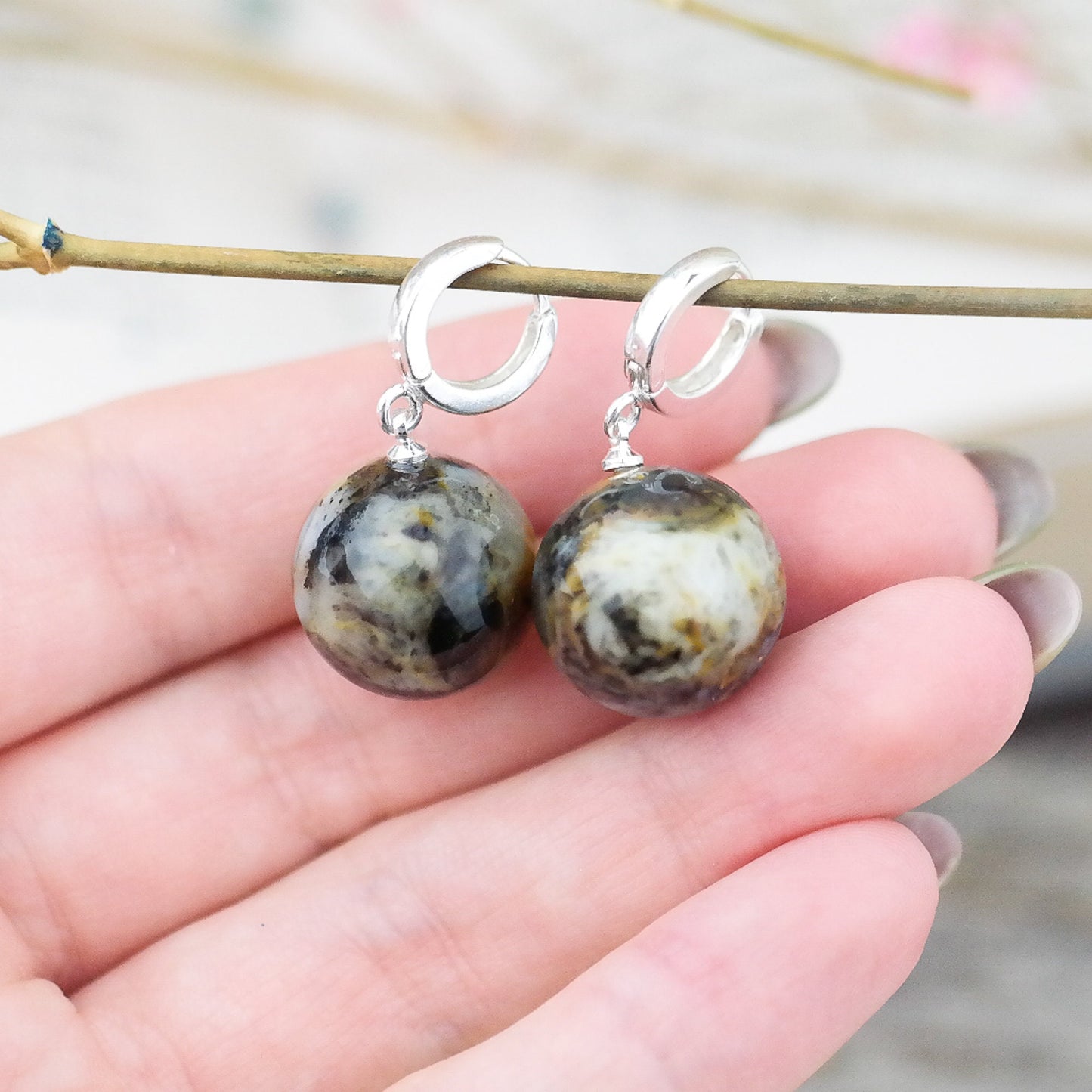 Amber silver drop earrings for women