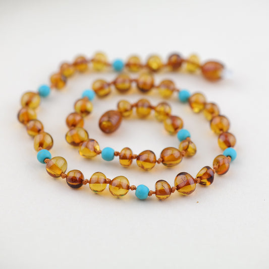 Beautiful cognac necklace with turquoise beads for kids