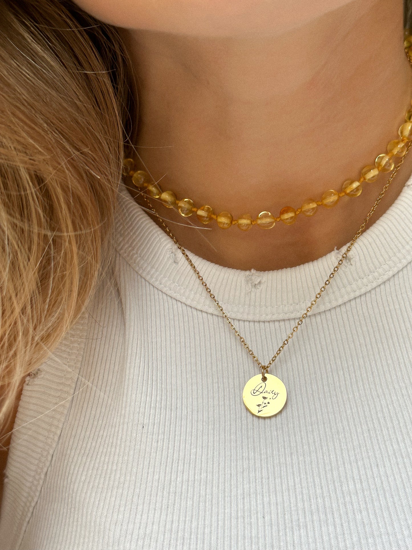 Engraved, gold colour stainless steel necklace