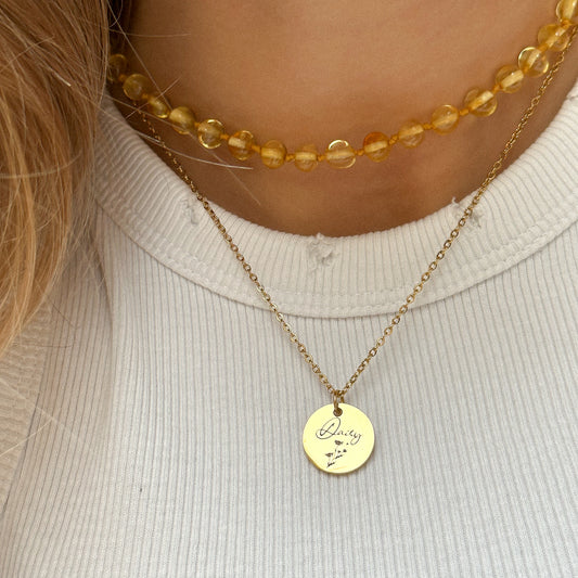 Engraved, gold colour stainless steel necklace