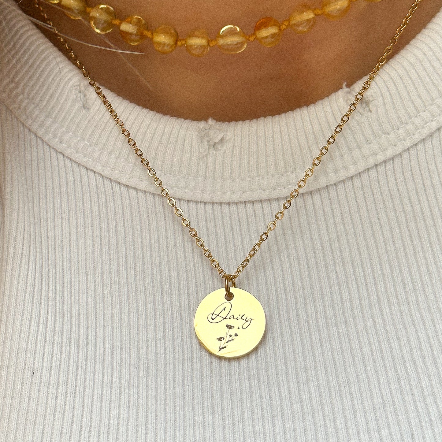 Engraved, gold colour stainless steel necklace