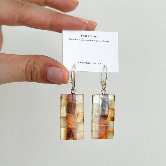 Dangle women earrings from natural Baltic amber mosaic