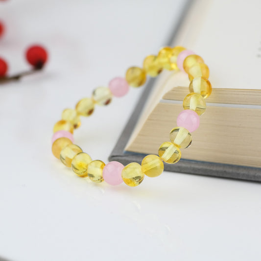 Kids amber bracelets with rose quartz beads