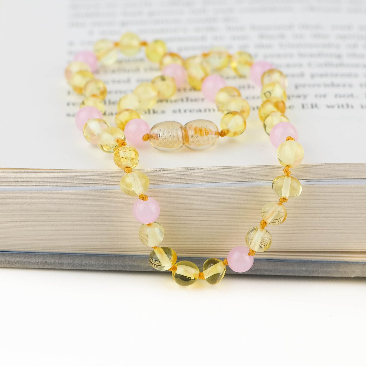 Lemon amber and rose quartz necklace for kids