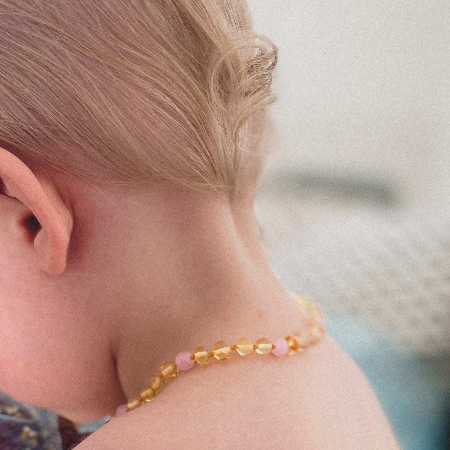 Lemon amber and rose quartz necklace for kids