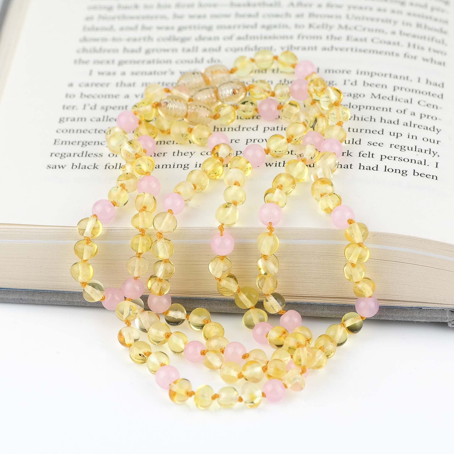 Lemon amber and rose quartz necklace for kids