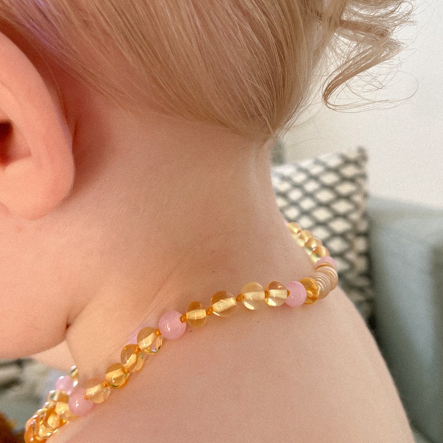 Lemon amber and rose quartz necklace for kids