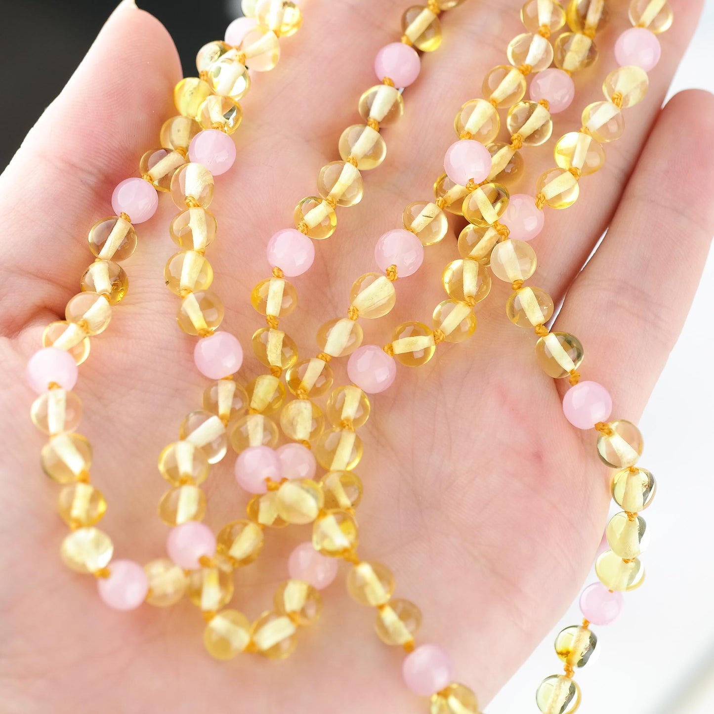 Lemon amber and rose quartz necklace for kids