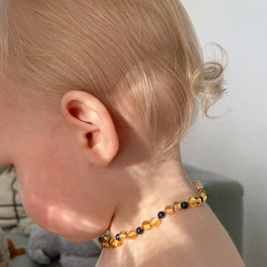 Amber kids necklace with blue amethyst