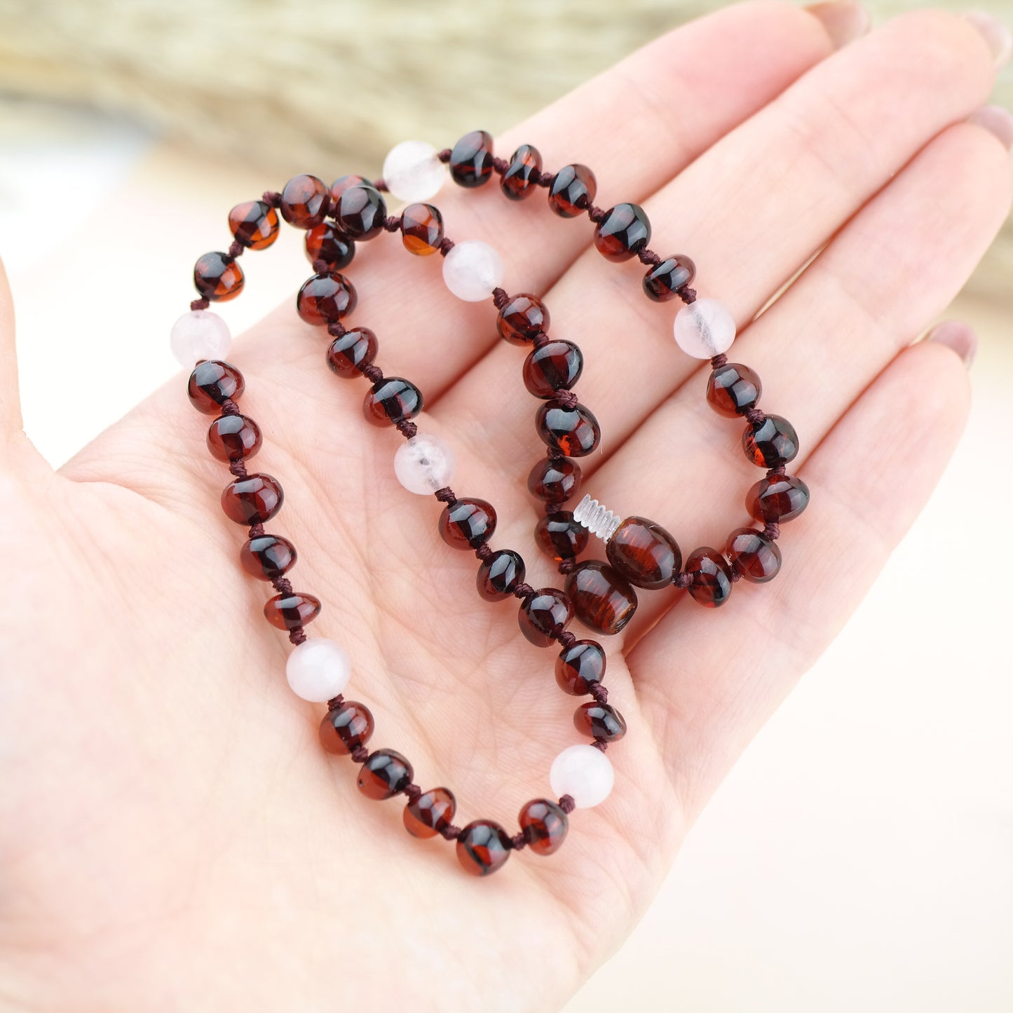 Amber and rose quartz necklace for kids