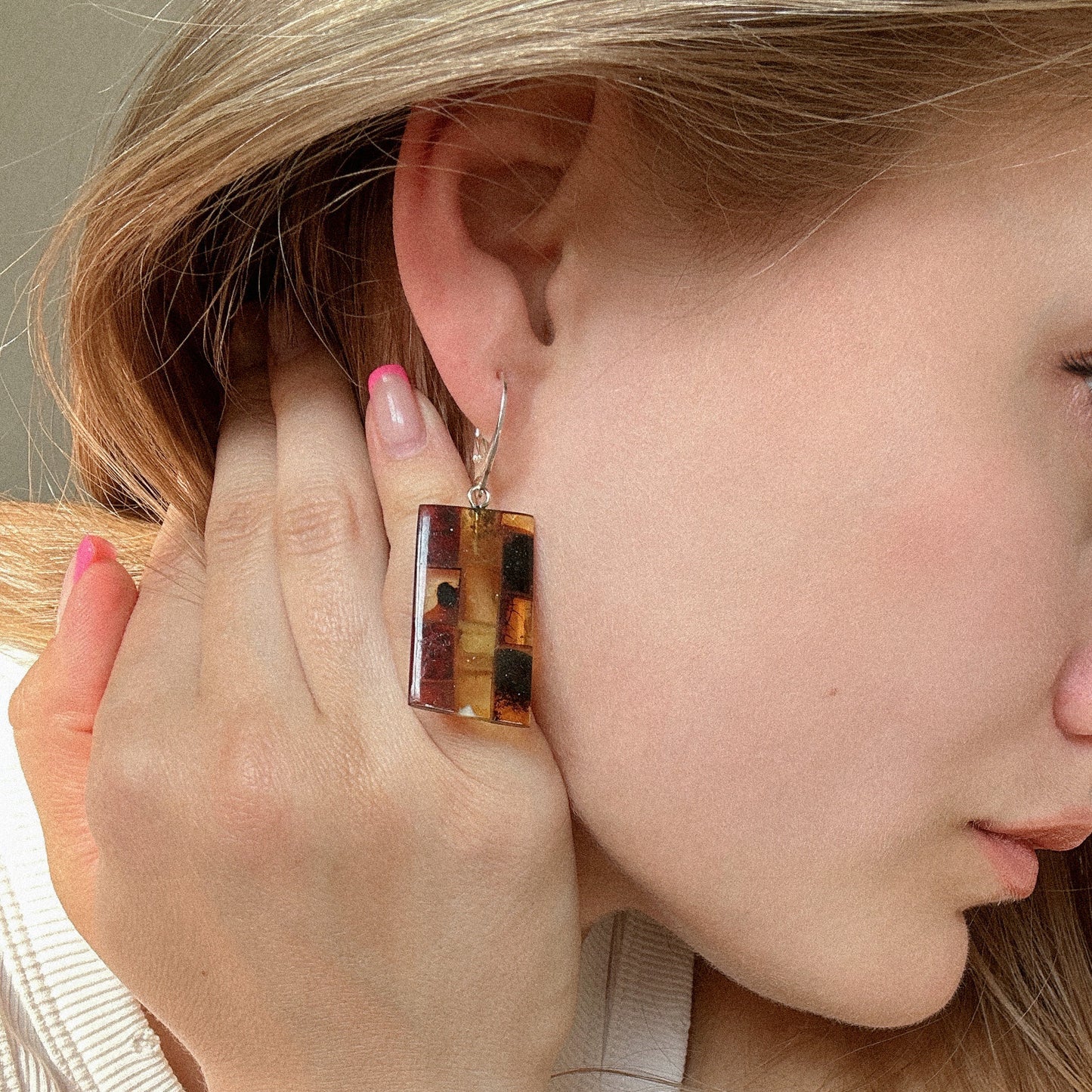 Dangle women earrings from natural Baltic amber mosaic