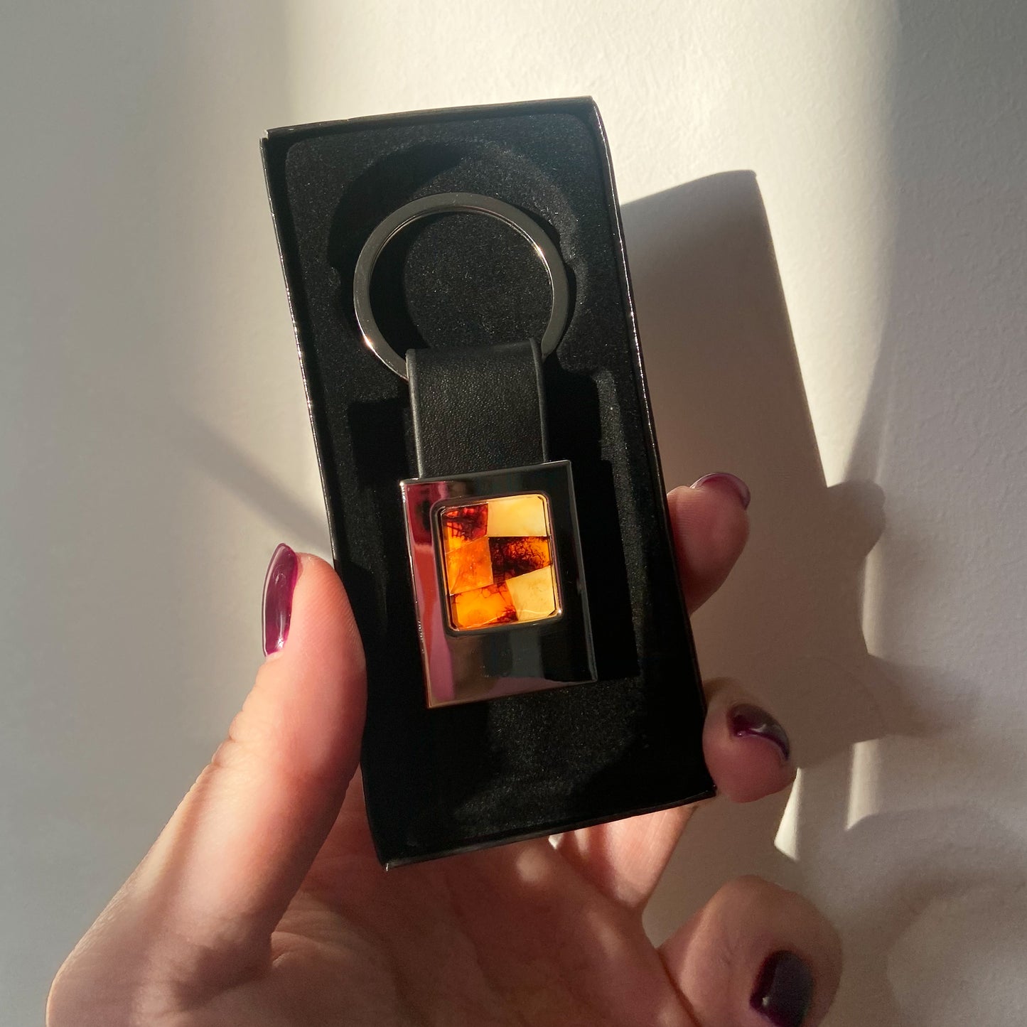 Leather key chain with natural Baltic amber mosaic