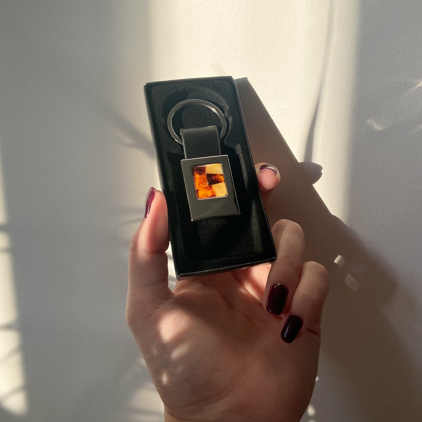 Leather key chain with natural Baltic amber mosaic