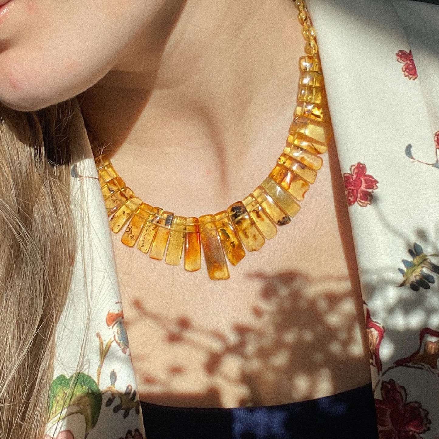 Unique lemony green amber statement necklace