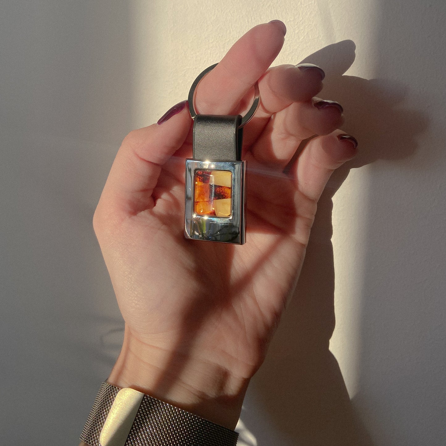 Leather key chain with natural Baltic amber mosaic