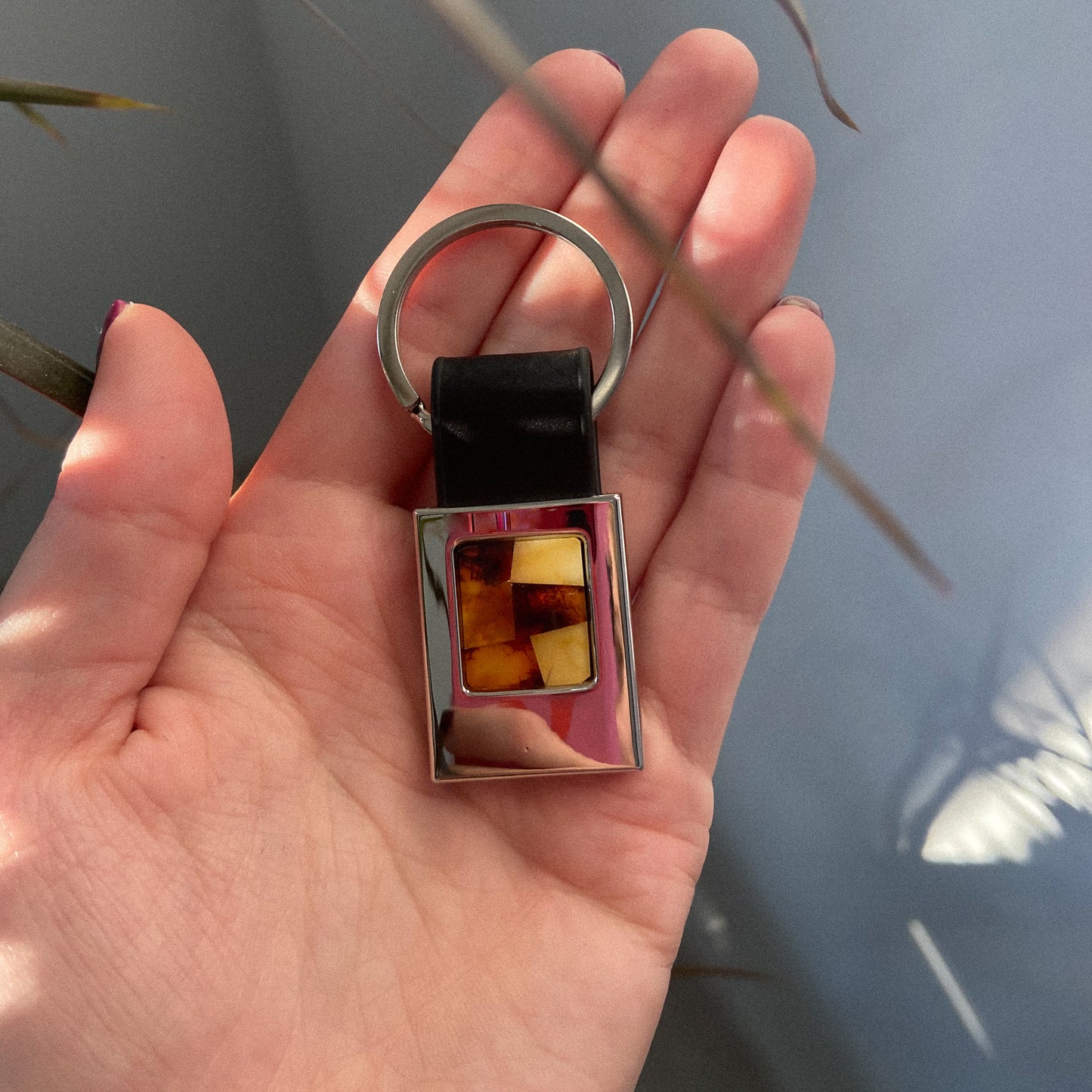 Leather key chain with natural Baltic amber mosaic