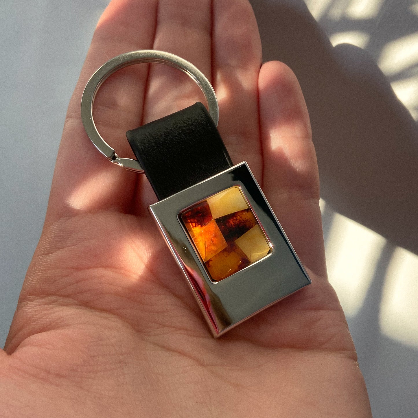 Leather key chain with natural Baltic amber mosaic