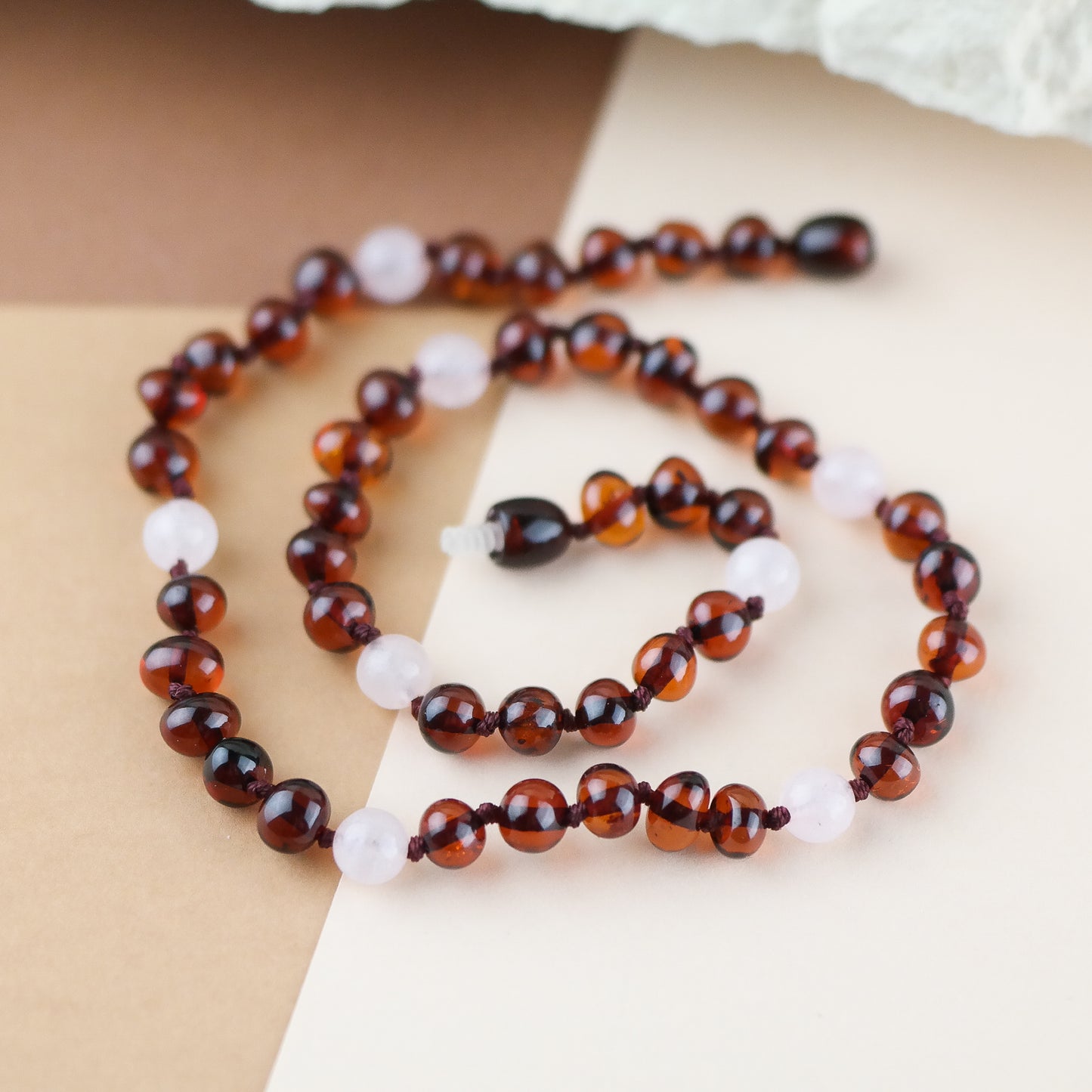 Handmade natural Baltic amber necklaces with rose quartz beads