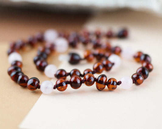 Handmade natural Baltic amber necklaces with rose quartz beads