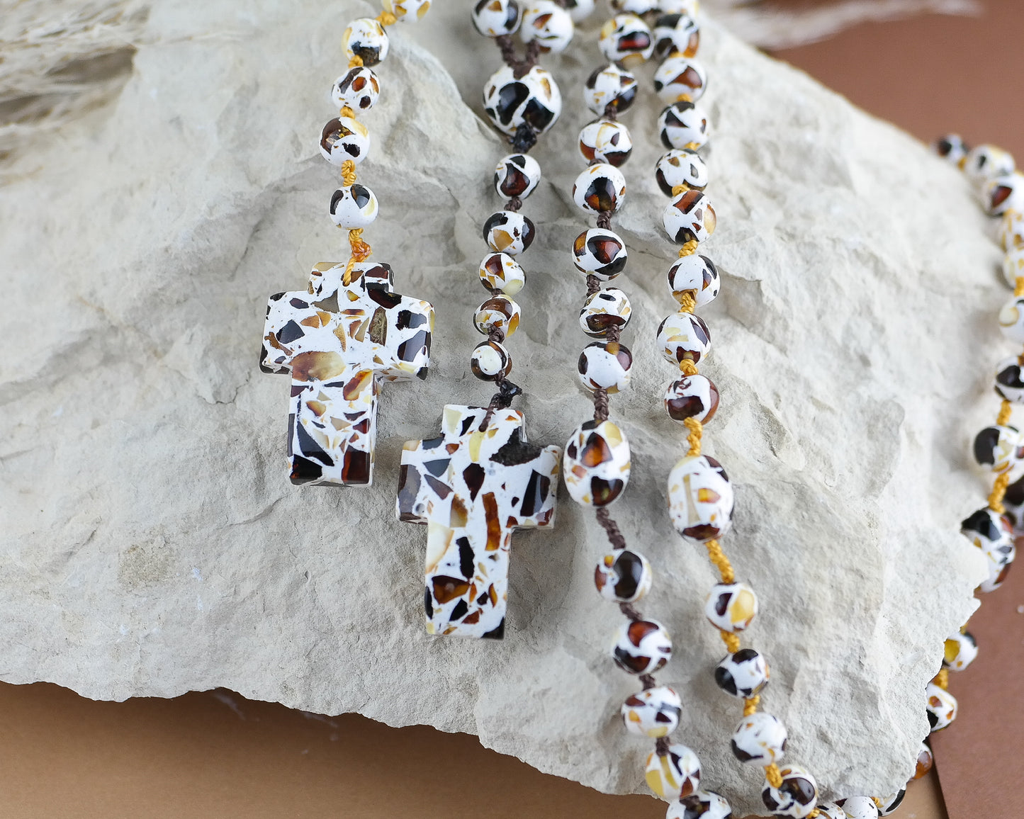 Colourful rosary from crushed, natural amber beads