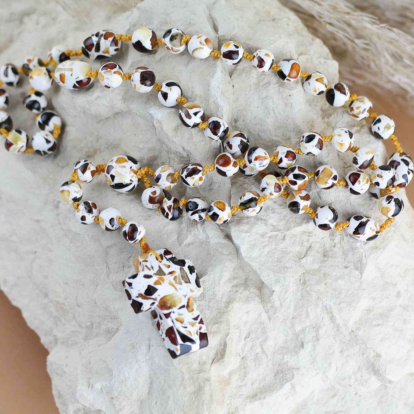 Colourful rosary from crushed, natural amber beads