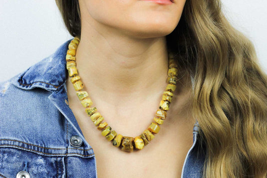 Natural amber necklace from large tube shape beads