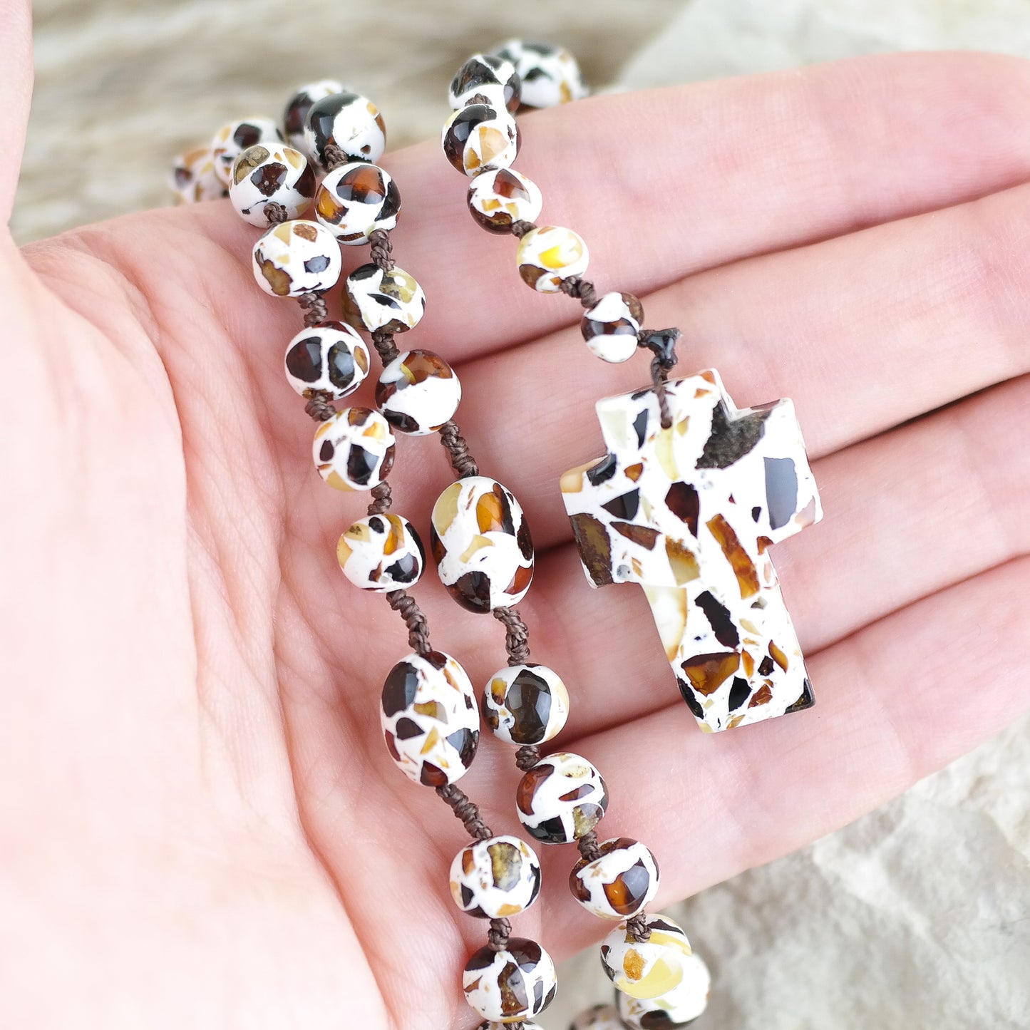 Colourful rosary from crushed, natural amber beads