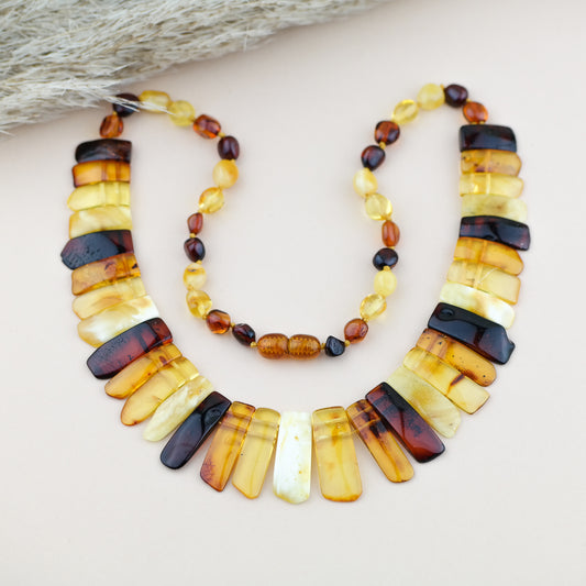 Statement necklace from multicolour amber beads